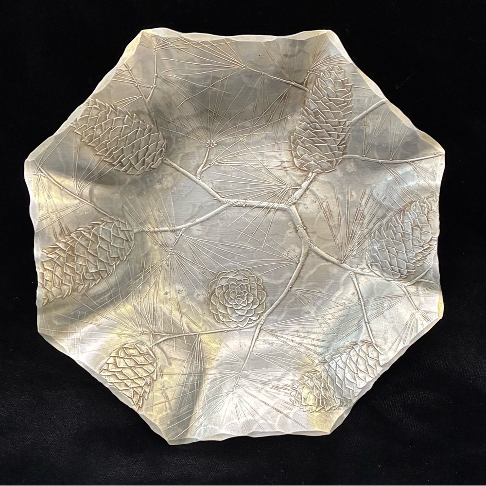 Vintage Wendell August Forge Hammered Aluminum Dish with Pine Cone motif
